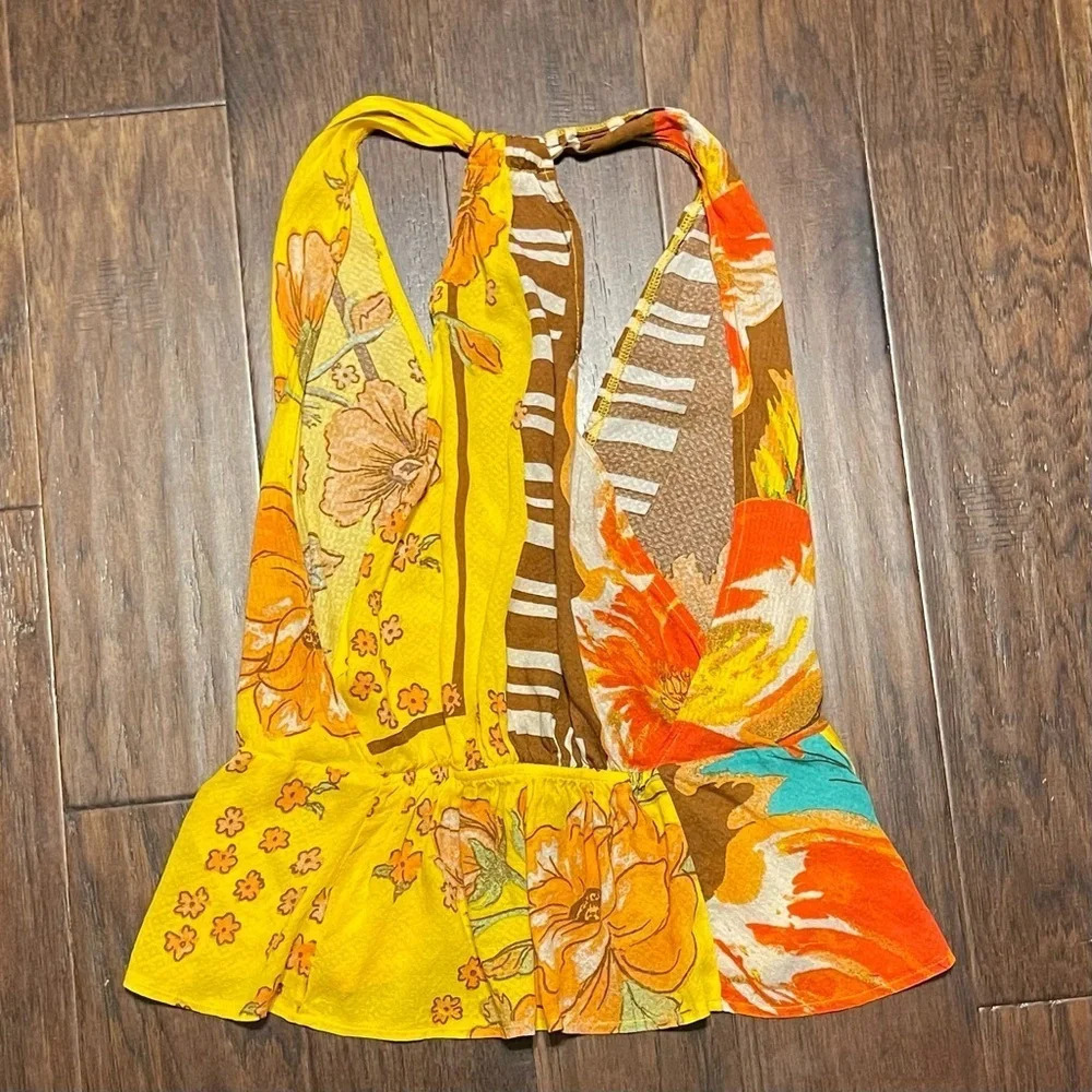 Free People Floral Halter Top Tie Front Open Back Peplum Small - Picture 3 of 8